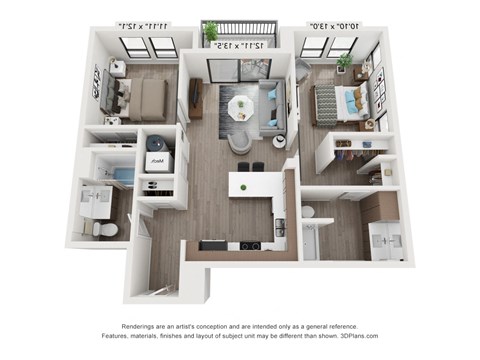 Floor plan for 2 beds, 2 baths, 936 sqft